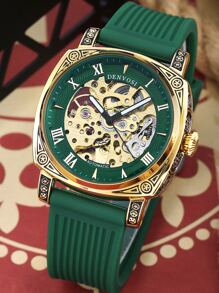Denvosi Brand Authentic Men's Fashionable, Waterproof, Night Light, Roman Numerals, Automatic Mechanical Watch With Green Sweat-proof Silicone Strap, Suitable For Daily Wear And Decorations - Green - View 1