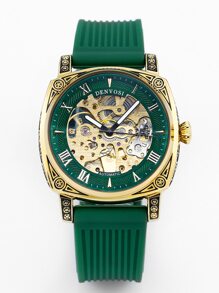 Denvosi Brand Authentic Men's Fashionable, Waterproof, Night Light, Roman Numerals, Automatic Mechanical Watch With Green Sweat-proof Silicone Strap, Suitable For Daily Wear And Decorations - Green - View 2