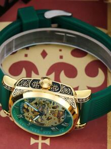 Denvosi Brand Authentic Men's Fashionable, Waterproof, Night Light, Roman Numerals, Automatic Mechanical Watch With Green Sweat-proof Silicone Strap, Suitable For Daily Wear And Decorations - Green - View 4