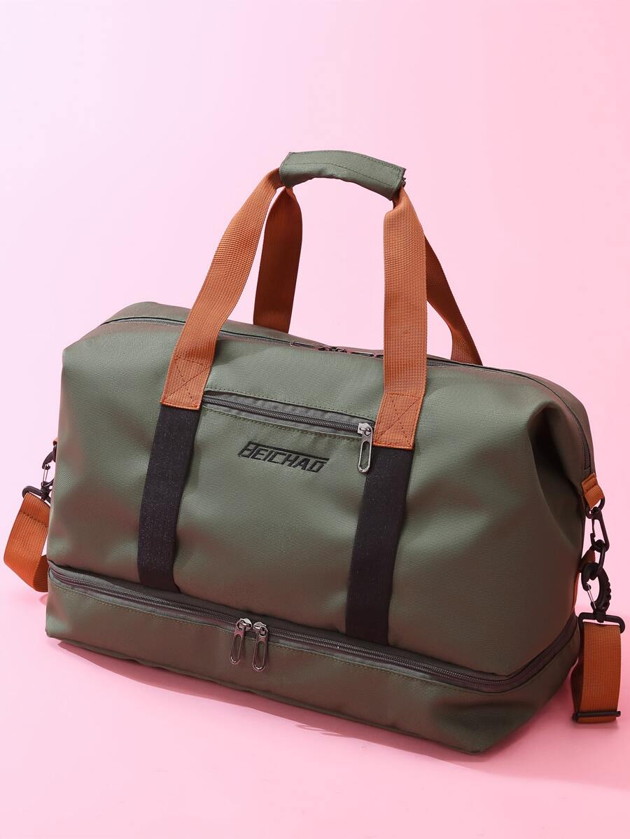 时尚大容量旅行包，配有可拆卸肩带、干湿分离健身包手提包手提包手提包过夜包周末包返校包书包旅行必需品海滩旅行收纳包暑假包学校用品学校用品 - 軍綠色 - 查看 1