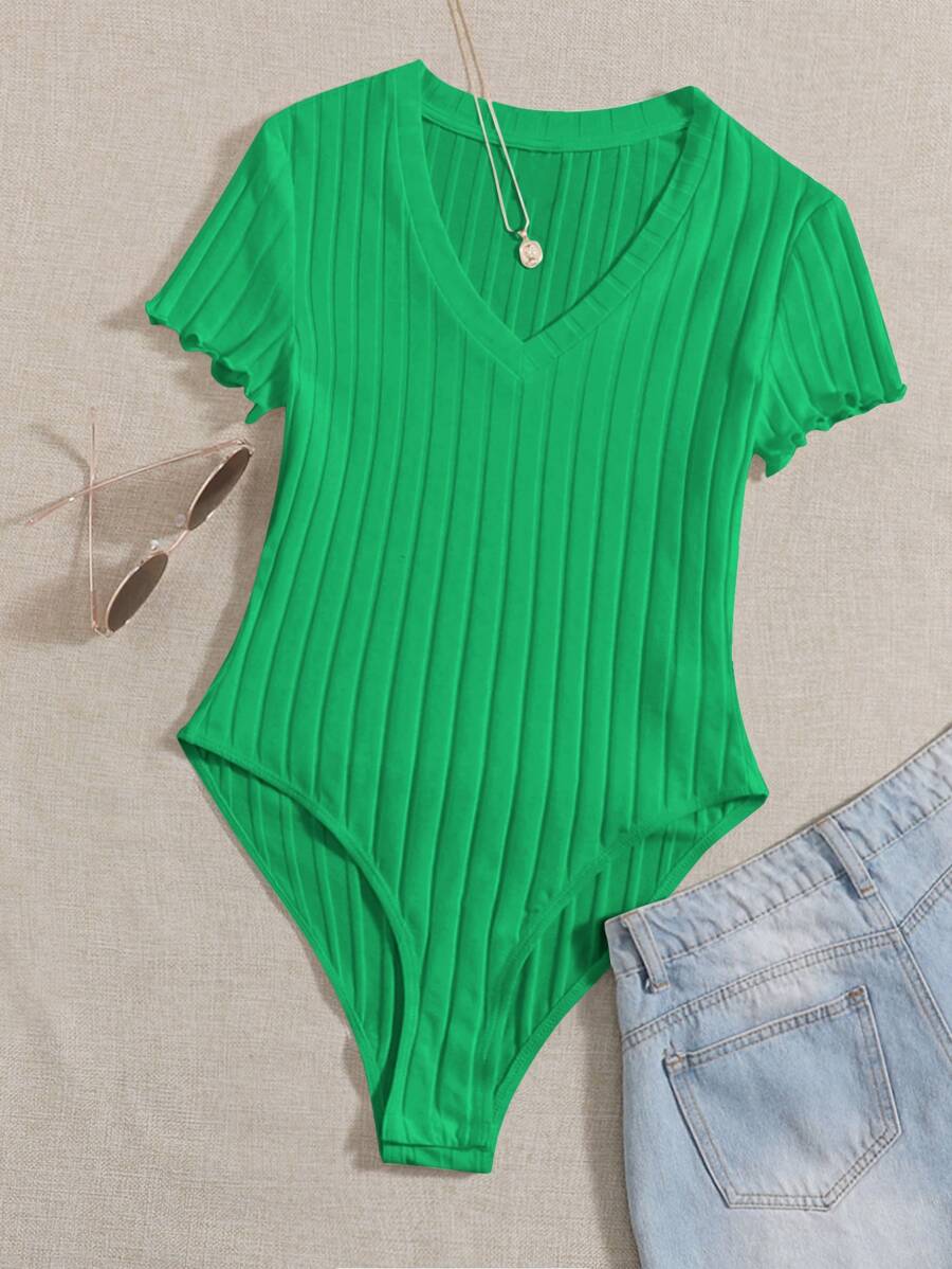 SHEIN EZwear Body Sólido De Cuello En V Y Punto Acanalado Para Verano - Verde - Ver 1