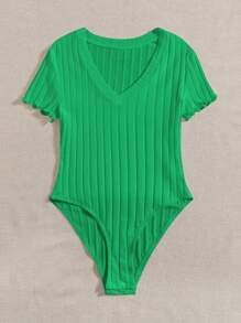 SHEIN EZwear Body Sólido De Cuello En V Y Punto Acanalado Para Verano - Verde - Ver 3