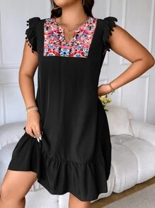 SHEIN LUNE Vestido con estampado floral de cuello de muesca bajo con fruncido - Multicolor - Ver 4