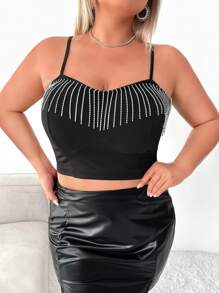 SHEIN SXY 大碼水鑽流蘇邊吊帶上衣 - 黑色 - 查看 1