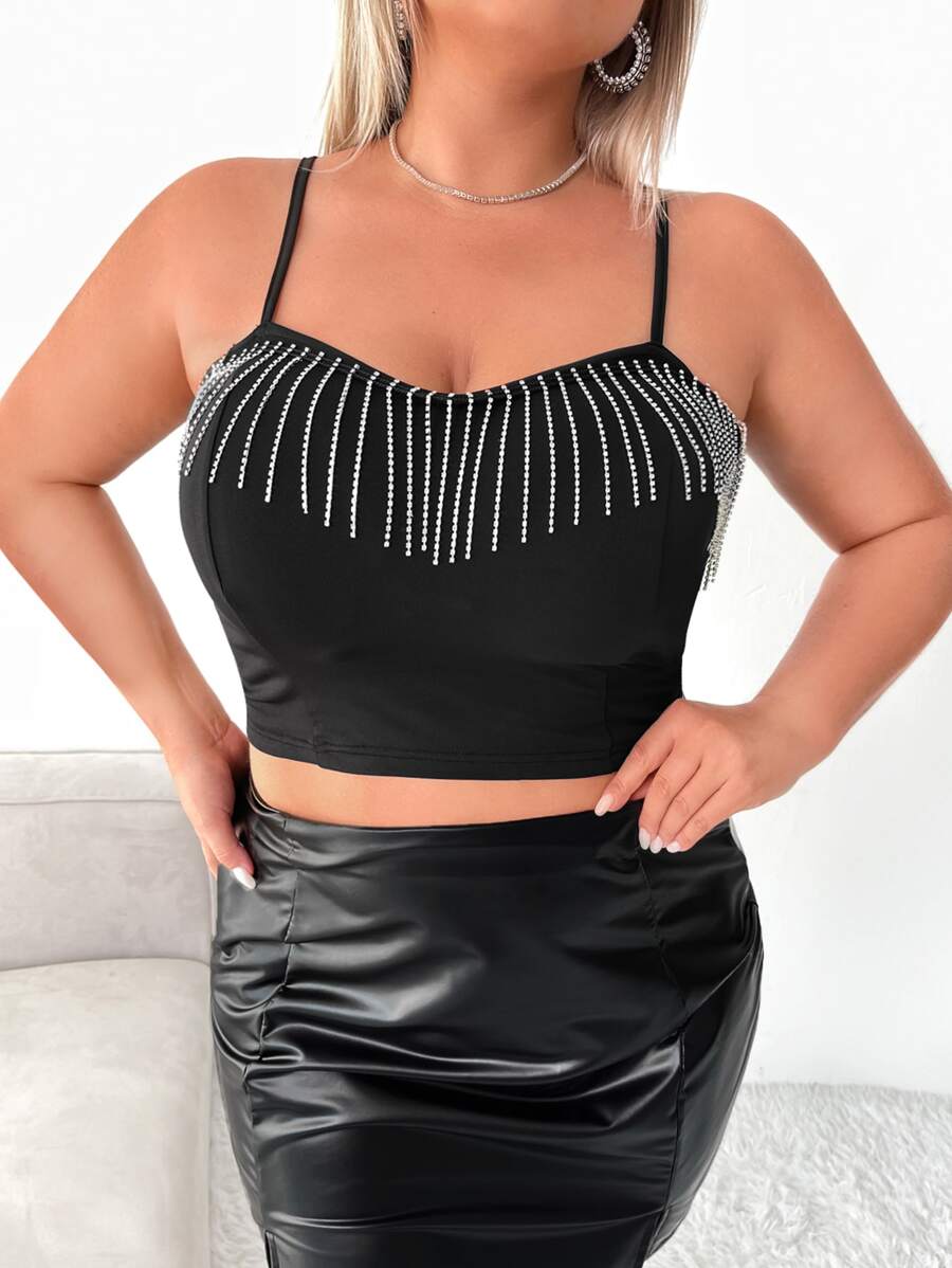 SHEIN SXY 大碼水鑽流蘇邊吊帶上衣 - 黑色 - 查看 1