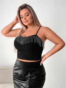 SHEIN SXY 大碼水鑽流蘇邊吊帶上衣 - 黑色 - 查看 3