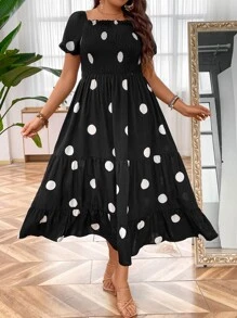 SHEIN Clasi Plus Polka Dot Print Shirred Layered Hem Dress - Black and White - View 5