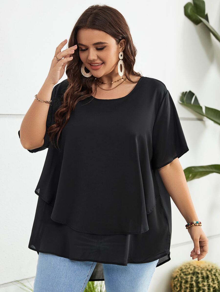 SHEIN LUNE Áo sơ mi Plus Size Cao thấp phân lớp màu trơn Giải trí - màu đen - Xem 1