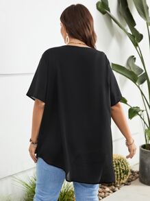 SHEIN LUNE Áo sơ mi Plus Size Cao thấp phân lớp màu trơn Giải trí - màu đen - Xem 2