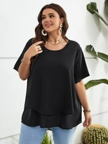 SHEIN LUNE Áo sơ mi Plus Size Cao thấp phân lớp màu trơn Giải trí - màu đen - Xem 5