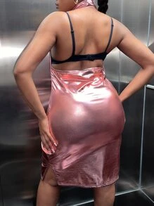 SHEIN SXY 大碼前垂褶露背金屬質感吊脖緊身連衣裙 - 藕粉色 - 查看 2