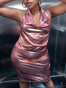 SHEIN SXY 大碼前垂褶露背金屬質感吊脖緊身連衣裙 - 藕粉色 - 查看 5