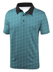 男士滿版印花拼接領POLO衫 - 青碧色 - 查看 1