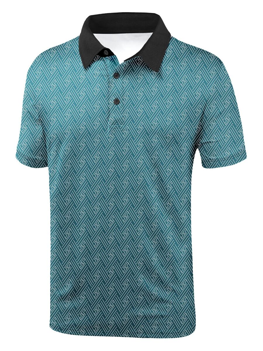 男士滿版印花拼接領POLO衫 - 青碧色 - 查看 1