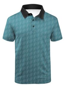 男士滿版印花拼接領POLO衫 - 青碧色 - 查看 3