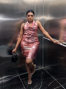 SHEIN SXY 大碼前垂褶露背金屬質感吊脖緊身連衣裙 - 藕粉色 - 查看 8