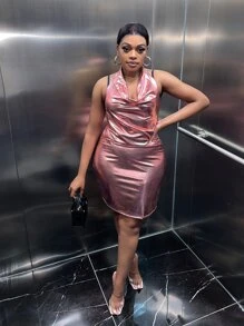 SHEIN SXY 大碼前垂褶露背金屬質感吊脖緊身連衣裙 - 藕粉色 - 查看 9