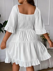 SHEIN Clasi Vestido con encaje de manga con volante bajo con fruncido - Blanco - Ver 2