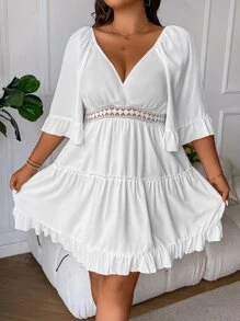 SHEIN Clasi Vestido con encaje de manga con volante bajo con fruncido - Blanco - Ver 4