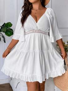 SHEIN Clasi Vestido con encaje de manga con volante bajo con fruncido - Blanco - Ver 5