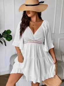 SHEIN Clasi Vestido con encaje de manga con volante bajo con fruncido - Blanco - Ver 6