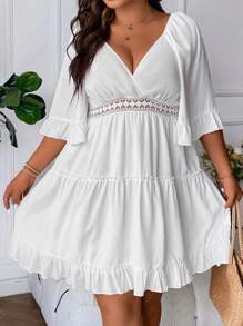 SHEIN Clasi Vestido con encaje de manga con volante bajo con fruncido - Blanco - Ver 7