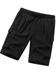 Men Pocket Side Drawstring Waist Shorts - Black - View 1