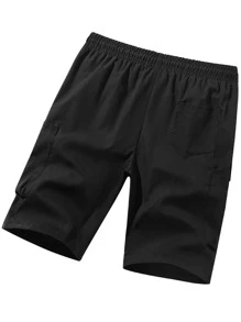 Men Pocket Side Drawstring Waist Shorts - Black - View 2