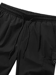 Men Pocket Side Drawstring Waist Shorts - Black - View 4