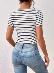 SHEIN Frenchy 休闲条纹修身短袖方领女式连体衣 - 白色 - 查看 2