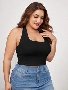 SHEIN BASICS Top De Cuello Halter Sólido Para Tallas Grandes - Negro - Ver 3
