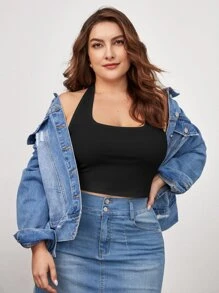 SHEIN BASICS Top De Cuello Halter Sólido Para Tallas Grandes - Negro - Ver 5
