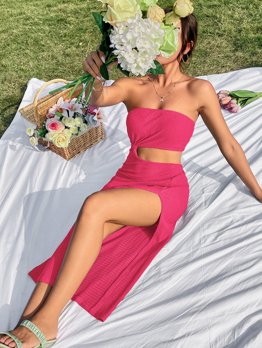 Soleia Cut Out Split Thigh Tube Dress - Hot Pink - View 1
