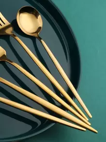 5pcs Stainless Steel Cutlery Set, Gold Flatware For Dining