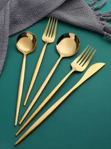 5pcs Stainless Steel Cutlery Set, Gold Flatware For Dining