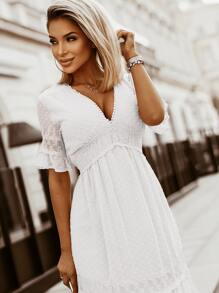 Swiss Dot Flounce Sleeve Ruffle Hem Dress - White - View 3