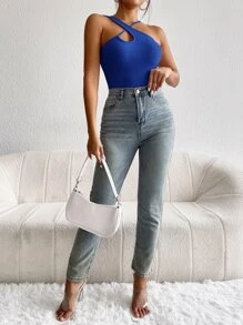SHEIN BAE Crisscross Asymmetrical Neck Ribbed Knit Top - Blue - View 5