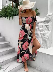 SHEIN VCAY Floral Print Off Shoulder Split Thigh Dress - Black - View 3