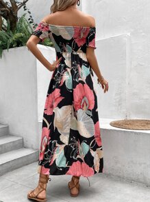 SHEIN VCAY Floral Print Off Shoulder Split Thigh Dress - Black - View 2