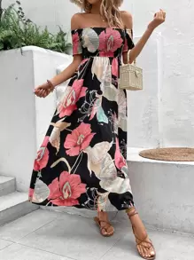 SHEIN VCAY Floral Print Off Shoulder Split Thigh Dress - Black - View 6