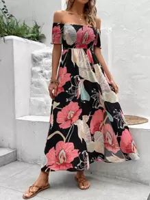 SHEIN VCAY Floral Print Off Shoulder Split Thigh Dress - Black - View 7