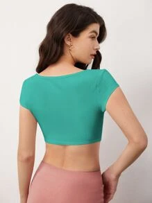 SHEIN BASICS Square Neck Rib-Knit Crop Tee - Green - View 2
