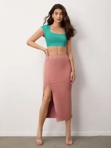 SHEIN BASICS Square Neck Rib-Knit Crop Tee - Green - View 5