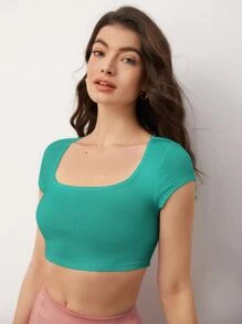 SHEIN BASICS Square Neck Rib-Knit Crop Tee - Green - View 6