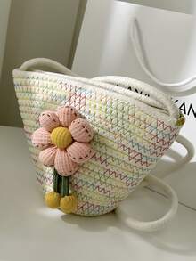 Flower Decor Crochet Bag - Multicolor - View 4