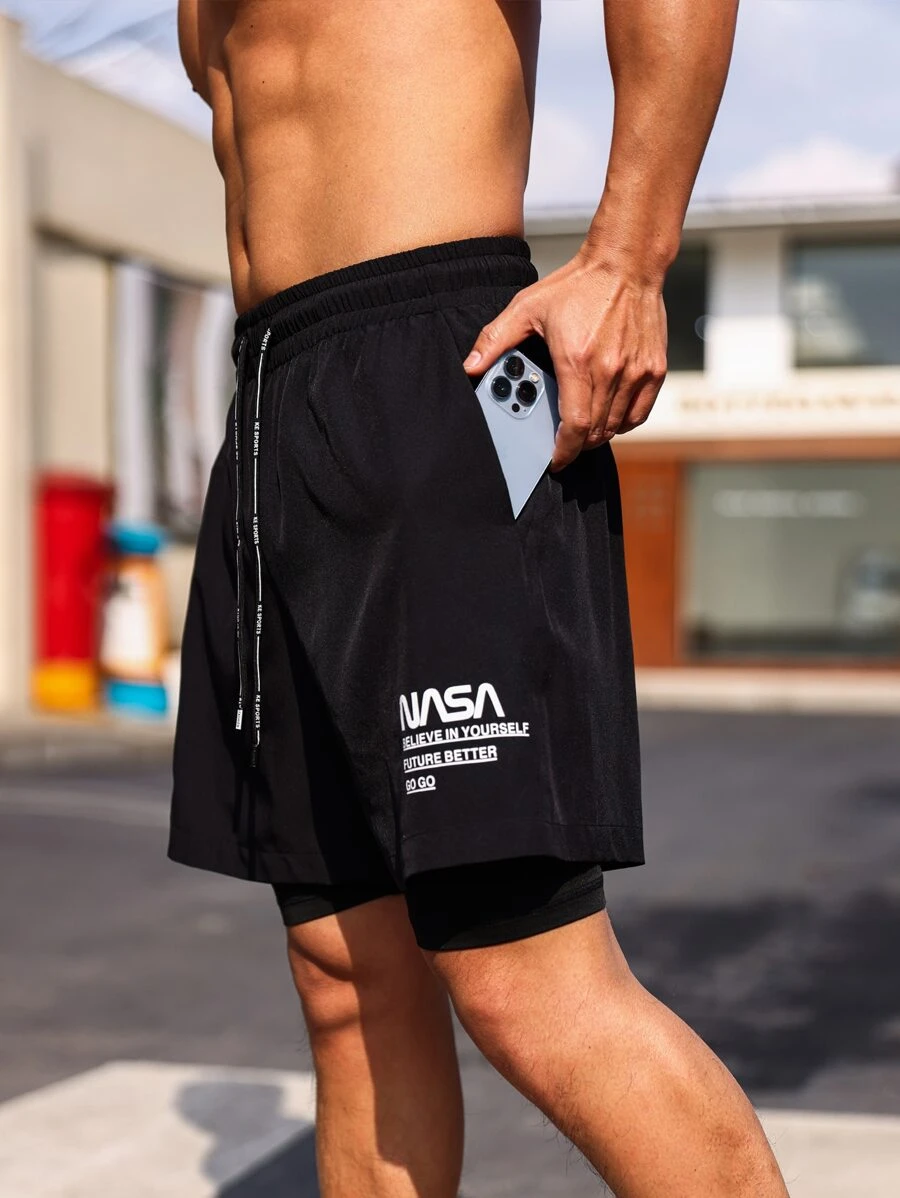 Manfinity Sport Corelite Men Slogan Graphic 2 In 1 Sports Shorts With Phone Pocket - Black - View 1