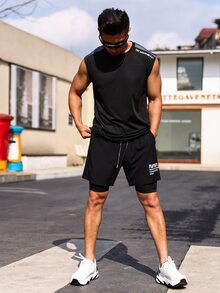 Manfinity Sport Corelite Men Slogan Graphic 2 In 1 Sports Shorts With Phone Pocket - Black - View 3