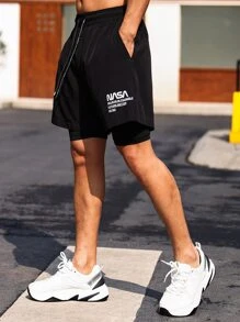 Manfinity Sport Corelite Men Slogan Graphic 2 In 1 Sports Shorts With Phone Pocket - Black - View 4