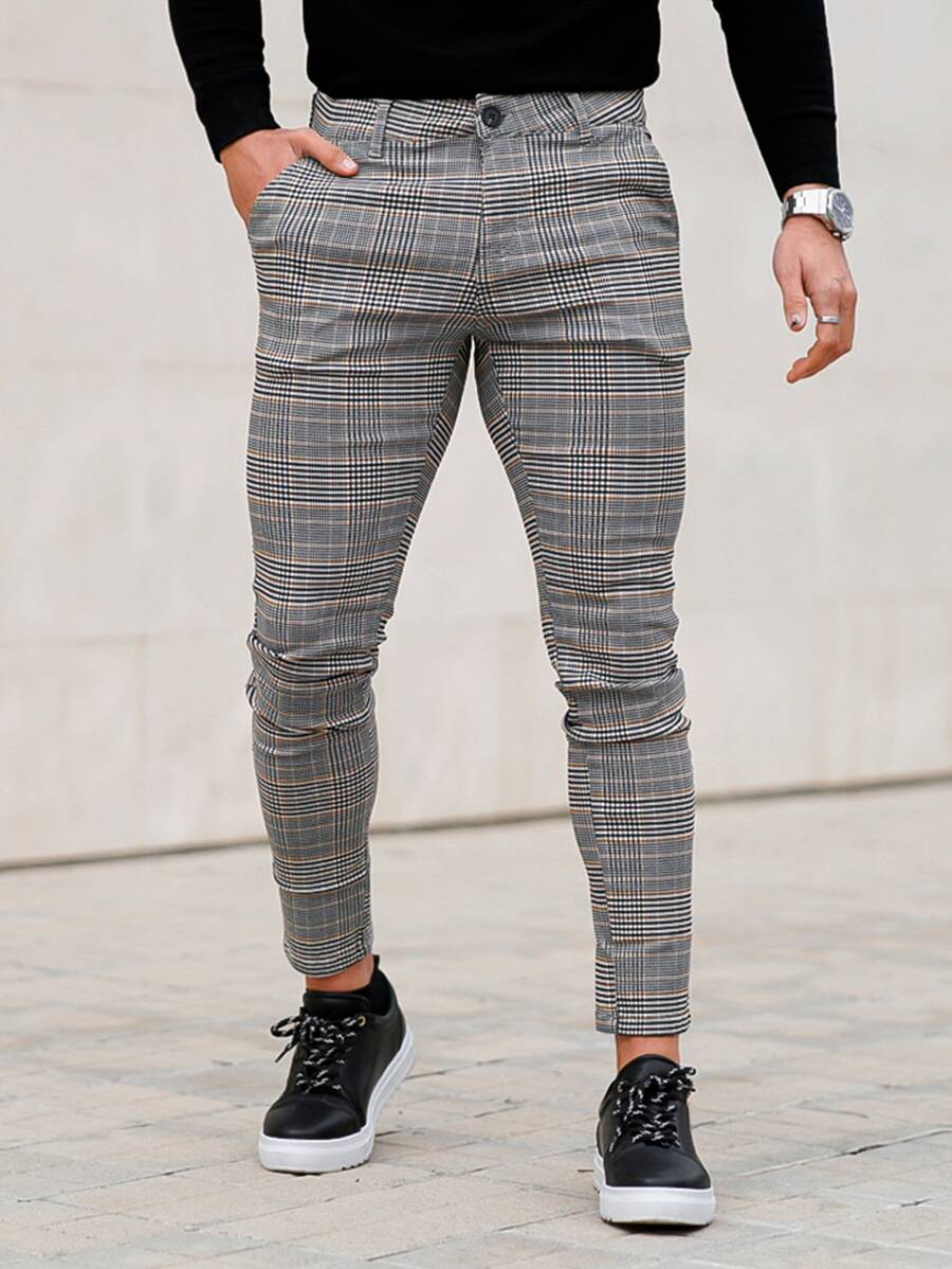 男士格紋印花斜口袋長褲 - 彩色 - 查看 1