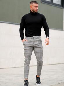 男士格紋印花斜口袋長褲 - 彩色 - 查看 4